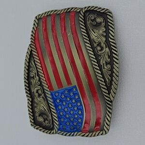 American Flag on Brass Tone Belt Buckle
